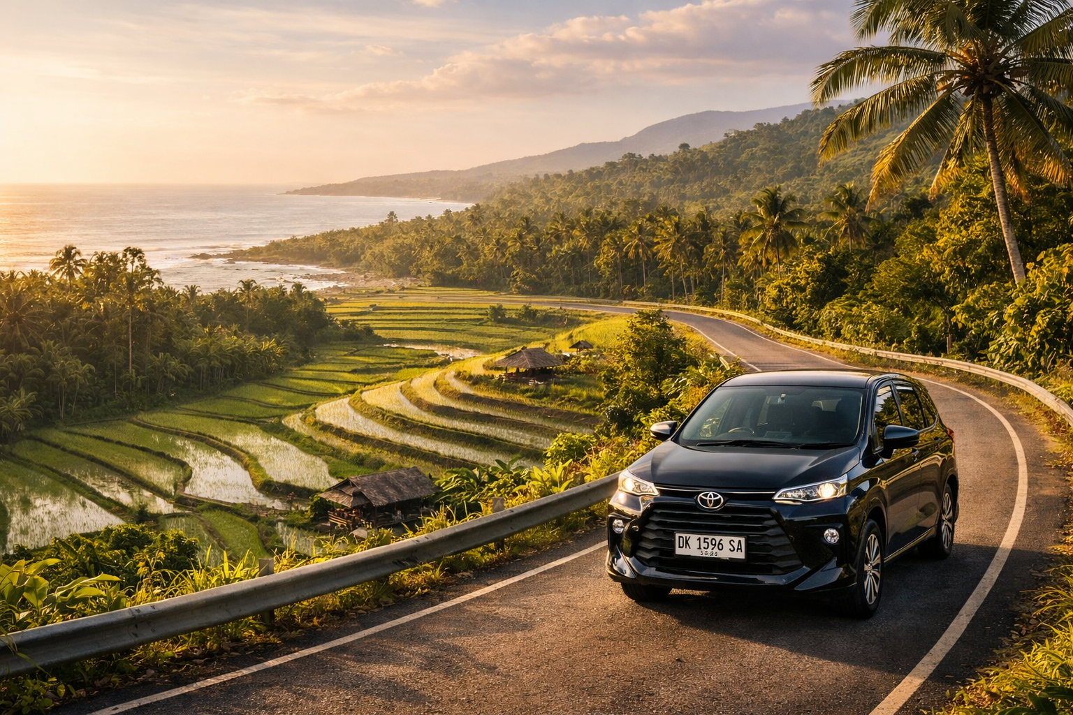 Bali — rice terraces, jungle, ocean and car at sunset